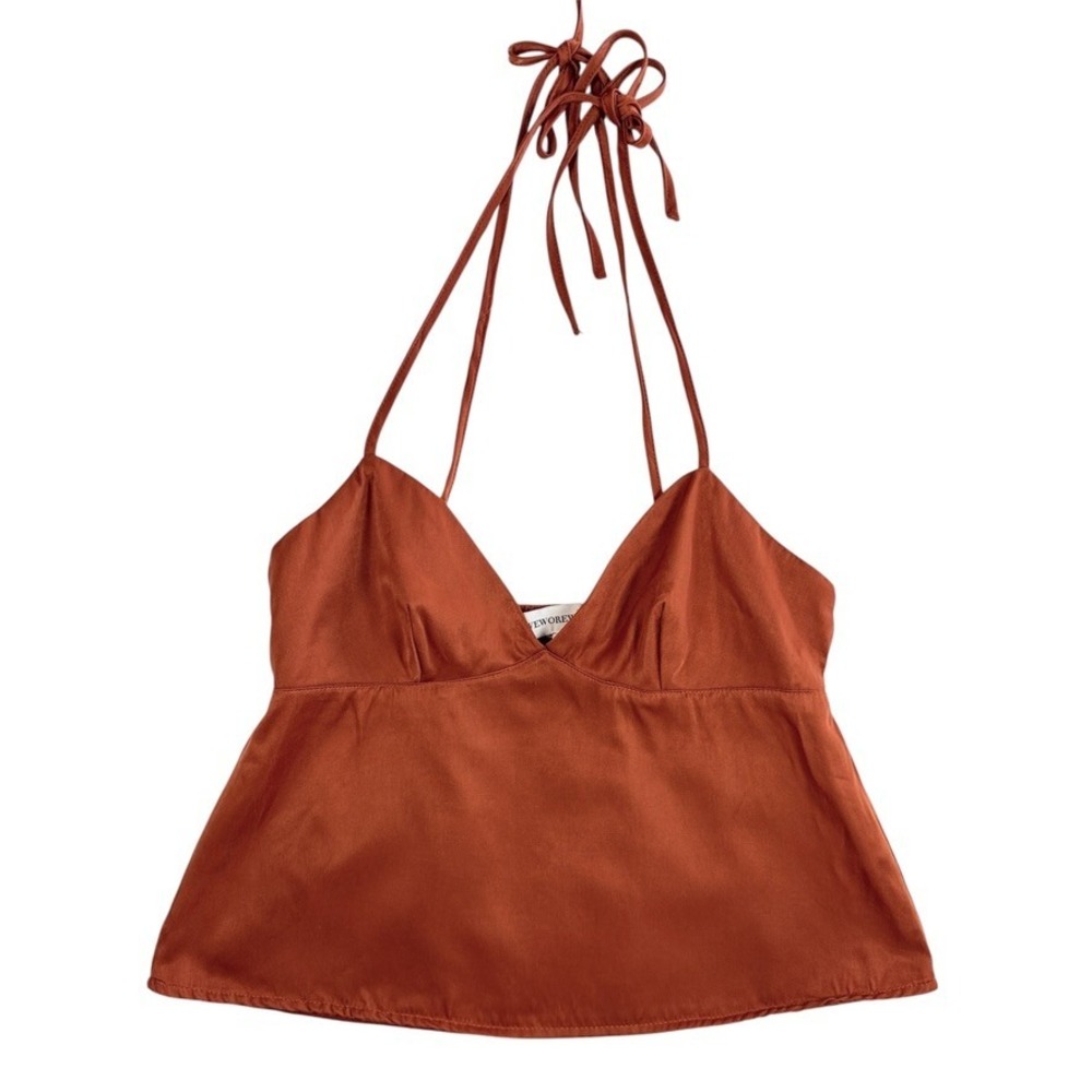WeWoreWhat Halter Top Women XS Rust Satin Tie Neck V-Neck Babydoll